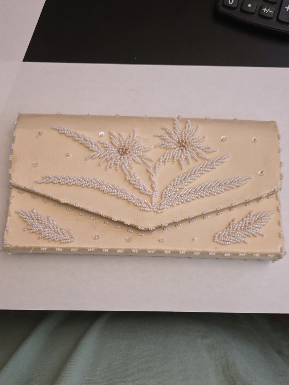 Beaded Floral Embellished Ivory Clutch
